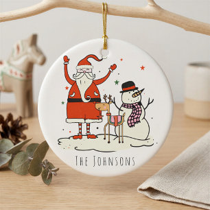 Modern Simple Family Name Santa Snowman Christmas Ceramic Ornament
