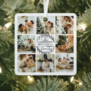 Modern Simple Family Photo Collage   Monogram Gift Metal Tree Decoration