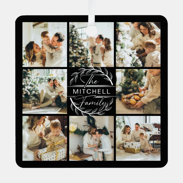 Modern Simple Family Photo Collage | Monogram Gift Metal Tree Decoration (Front)