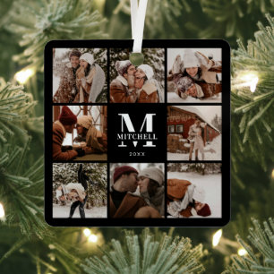 Modern Simple Family Photo Collage Monogram Gift Metal Tree Decoration