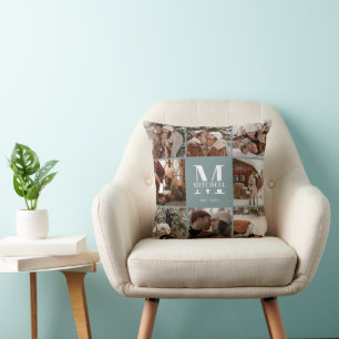 Modern Simple Family Photo Collage Sage Green Cushion