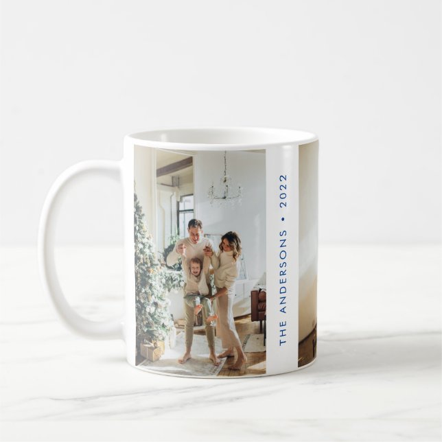 Modern Simple Family Photo New Year Blue Coffee Mug (Left)
