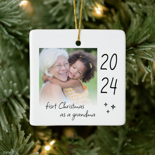 Modern Simple First Christmas As Grandma Photo Ceramic Ornament (Tree)