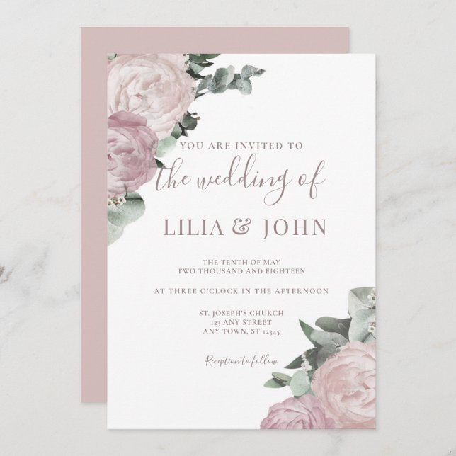 Modern Simple Floral Blush Dusty Rose Wedding Invitation (Front/Back)
