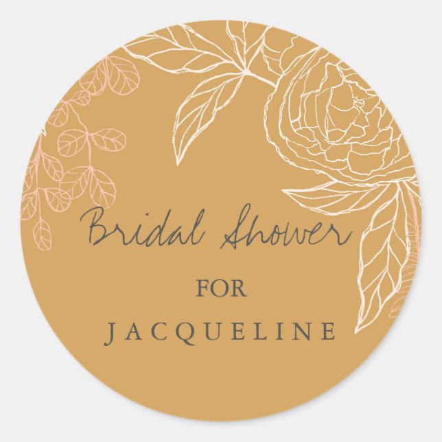 Modern Simple Floral Harvest Gold Bridal Shower Classic Round Sticker (Front)