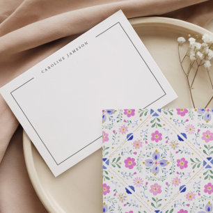 Modern Simple Floral Purple Name Flat Note Card