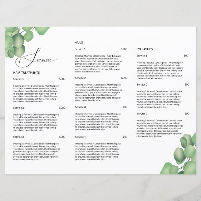 Modern Simple Foliage Hair Salon Price List Menu (Back)