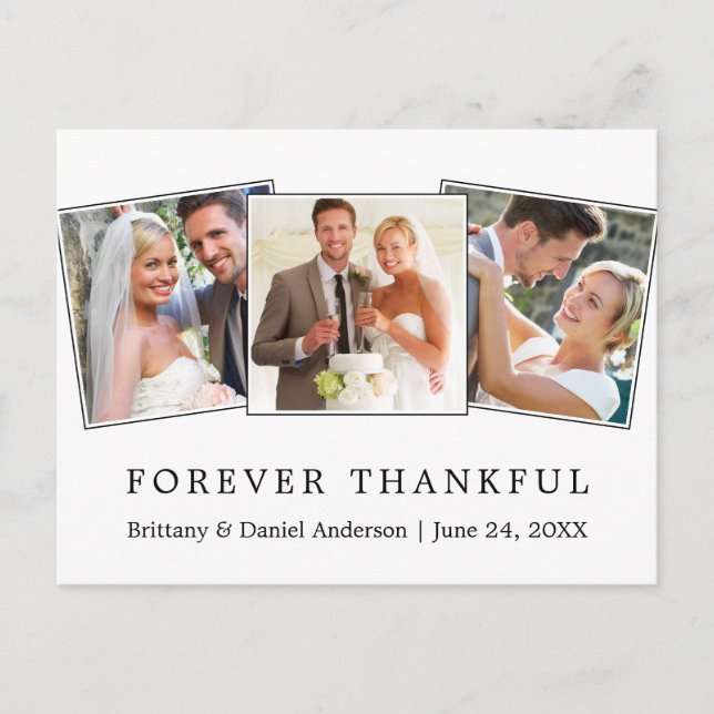 Modern Simple Forever Thankful Wedding 3 Photo Postcard (Front)