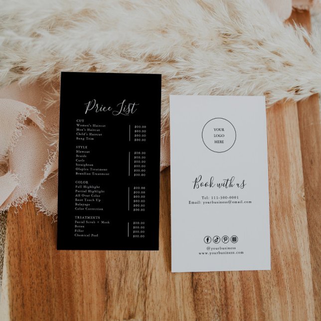 Modern Simple Formal Calligraphy Black Price List Business Card (Creator Uploaded)