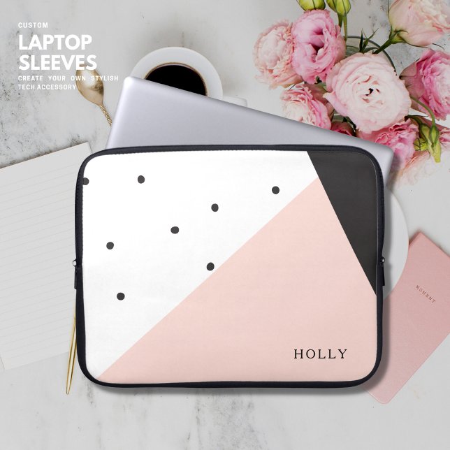 Modern Simple Girly Blush and Black Polka Dot Name Laptop Sleeve (Creator Uploaded)