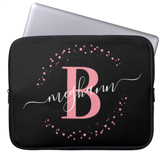 Modern Simple Girly Pink Black Monogram Script Laptop Sleeve (Front)