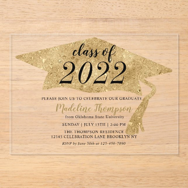 Modern Simple Gold Graduation Hat Party Acrylic Invitations (Front)