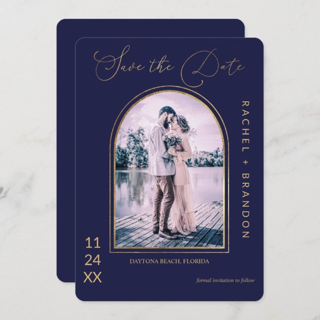Modern Simple Gold Navy Blue Arch Wedding Save The Date (Front/Back)