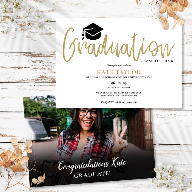 Modern Simple Gold Script Graduation Party Photo Invitation (Modern Simple Gold Script Graduation Party Photo Invitation)
