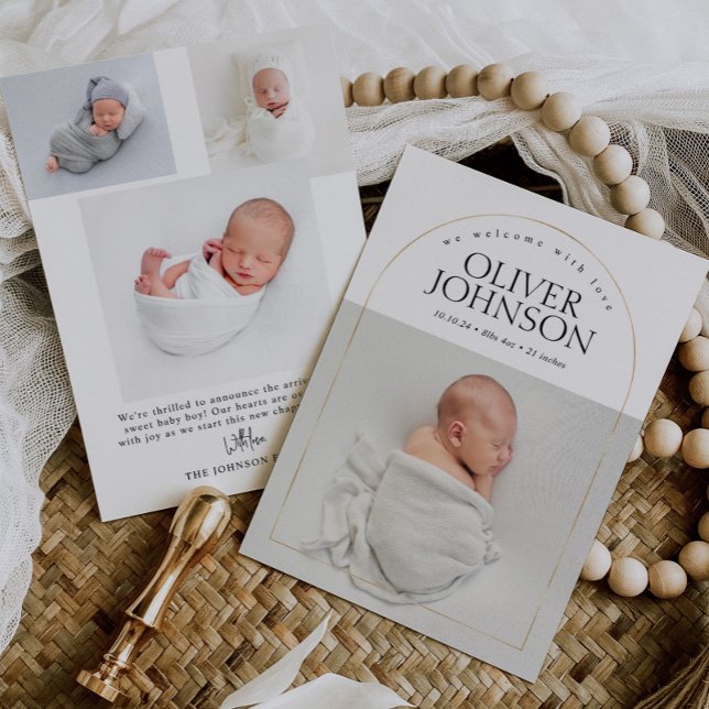 Modern Simple Golden Arch Baby Photo Birth Announcement (Creator Uploaded)