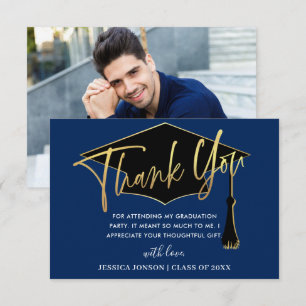Modern Simple Golden Navy Blue Graduation PHOTO Thank You Card
