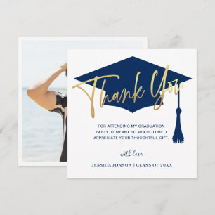 Modern Simple Golden Navy Graduation PHOTO Thank You Card