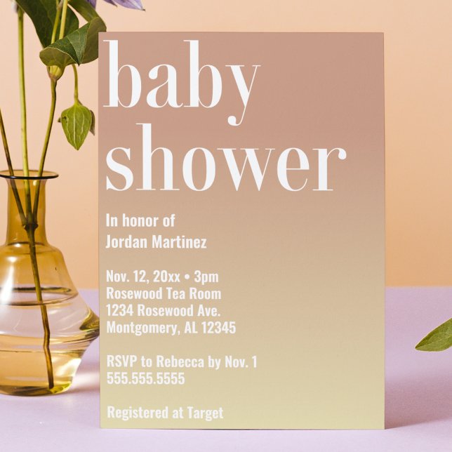 Modern Simple Gradient Bold Baby Shower Invitation (modern simple gradient pink yellow baby shower invitation baby girl typography bold cute minimalist)