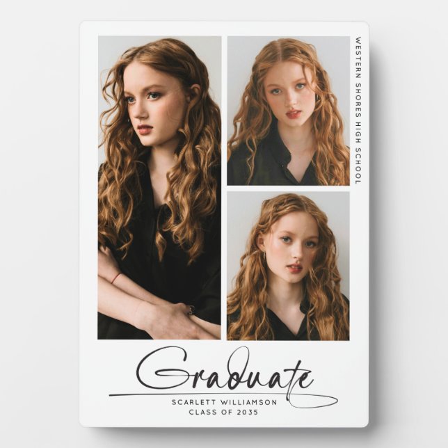 Modern Simple Graduate 3 Photo Collage Script Plaque (Front)