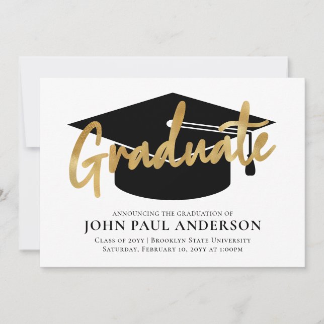 Modern Simple Graduate Gold Grad Cap Graduation Announcement (Front)