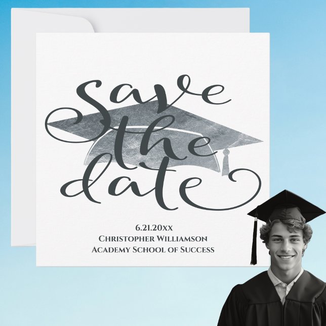 Modern Simple Graduation Save The Date (Modern Save The Date Graduation Announcement. Watercolor, gray tones. High School, College)