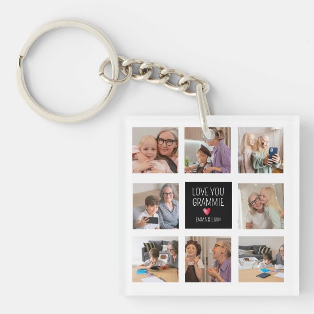 Modern Simple Grandma Heart 8 Photo Collage Custom Key Ring (Front)
