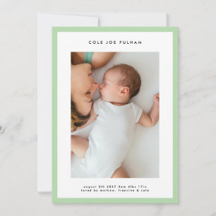 modern simple green frame photo baby birth announcement