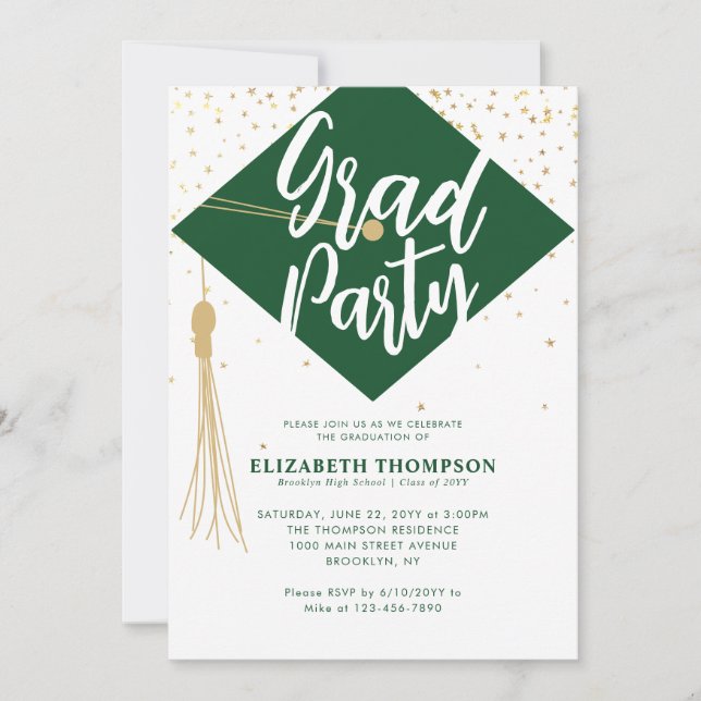 Modern Simple Green Gold GRAD Graduation Party Invitation (Front)