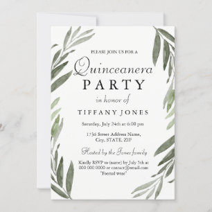 Modern Simple Green Leaf Quinceanera Party Invite