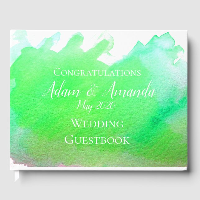 Modern simple green watercolor art wedding guest book (Front)