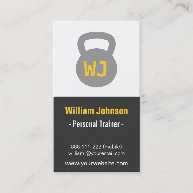 Modern Simple Grey Kettlebell Fitness Trainer Business Card (Front)