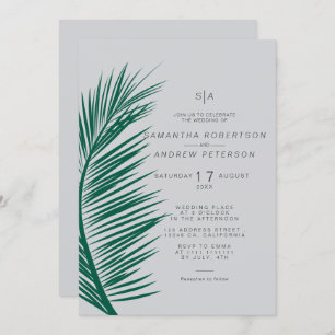 Modern simple grey palm leaf soft chic wedding invitation