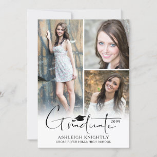 Modern Simple Hand Lettered Graduate Cap 4 Photo Announcement