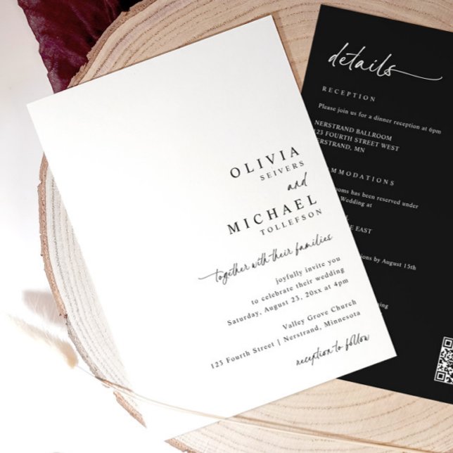 Modern Simple Handwriting All in One Wedding Invitation (Minimalist black and white wedding invite with right-aligned handwritten script and QR code on back)