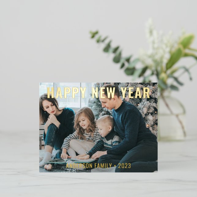 Modern Simple Happy New Year Family Photo Foil Holiday Postcard (Standing Front)