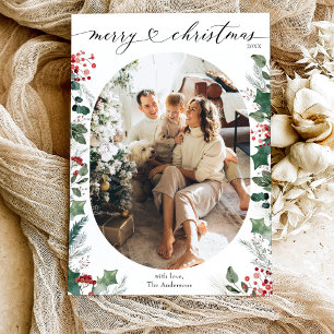 Modern Simple Heart 1 Photo Oval Christmas Card