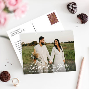 Modern Simple Heart Script Wedding Photo Thank You Postcard