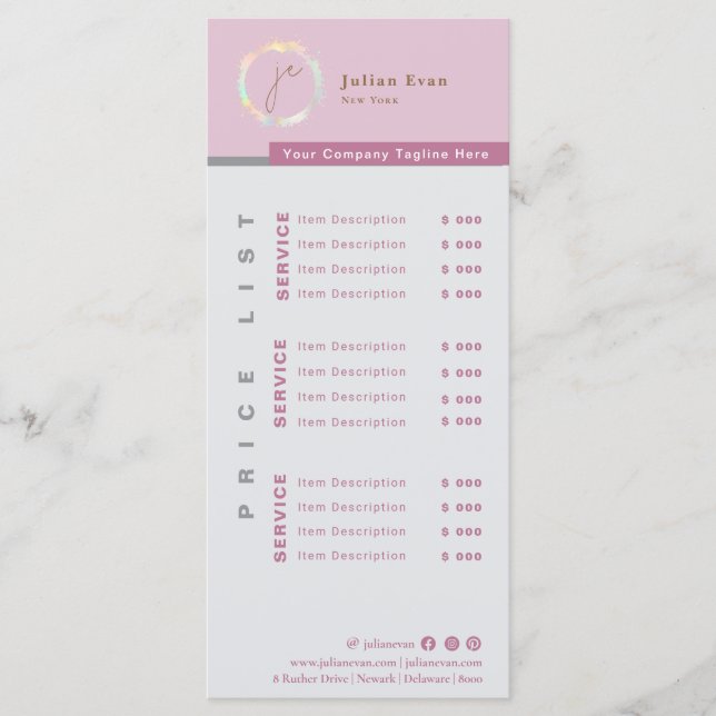 Modern Simple Holographic Monogram Pink Price List Menu (Front)