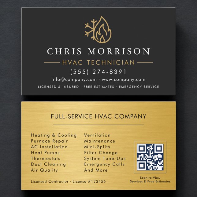 Modern Simple HVAC QR Code Black Gold Business Card (Creator Uploaded)
