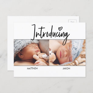 Modern Simple Introducing Script Twins boys photo Announcement Postcard