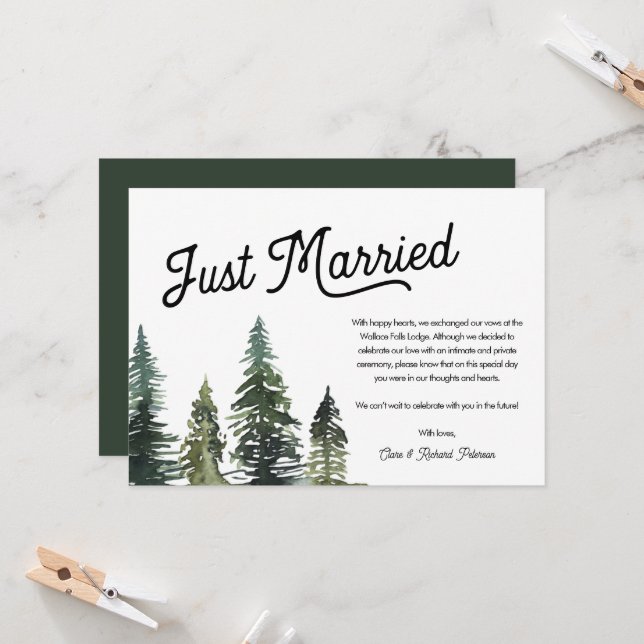 Modern Simple Just Married Elopement Announcement (Front/Back In Situ)