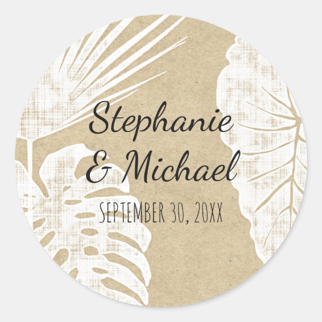 Modern Simple Kraft Tropical Leaf Beach Wedding Classic Round Sticker (Front)