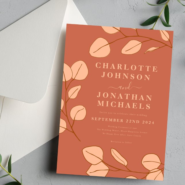 Modern Simple Leaf Fall Wedding Invitation (Modern simple leaf peach fuzz wedding invitation with elegant typography script )