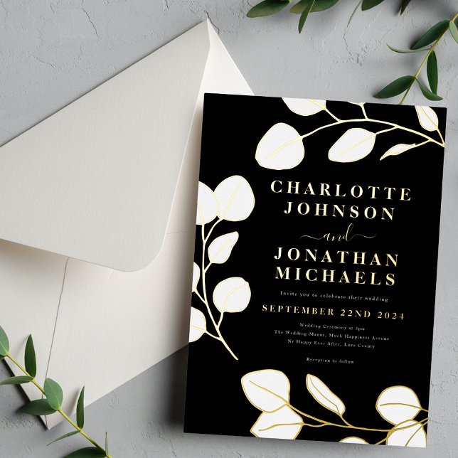 Modern Simple Leaves Black White Gold (Minimalist leaf stylish modern black and white gold foil wedding invitation )