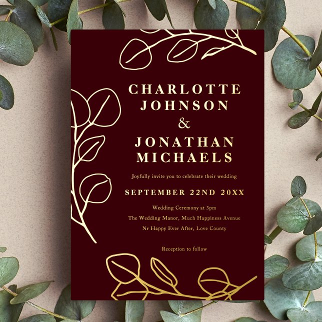 Modern Simple Leaves Burgundy and Gold (Elegant Simple eucalyptus leave line art burgundy and gold foil invitation)