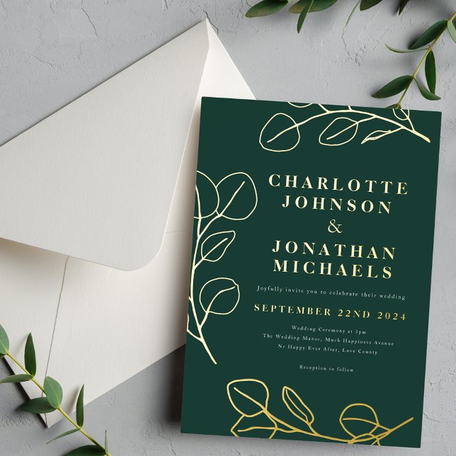 Modern Simple Leaves Green and Gold (Minimalist leaves modern stylish dark green gold foil wedding invitation )