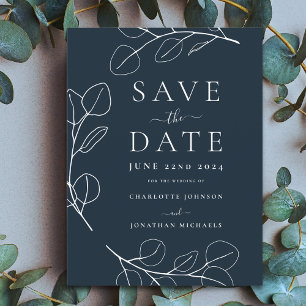 Modern Simple Leaves Navy Blue Wedding Announcement Postcard