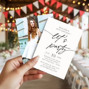 Modern Simple Let's Party Script Birthday Photo Invitation