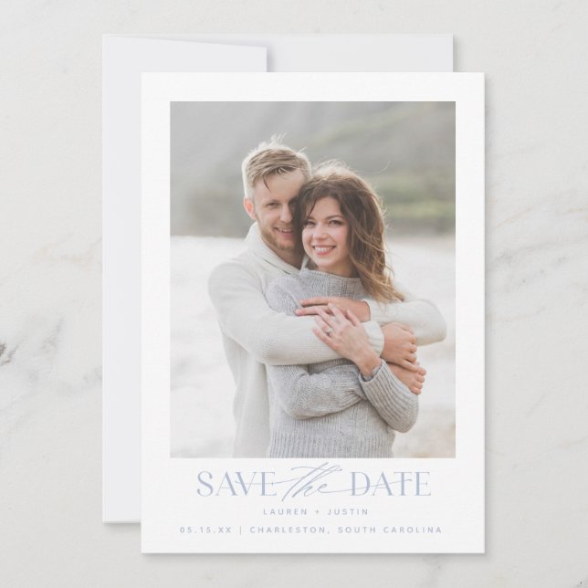 Modern Simple Light Blue & White Photo Wedding Save The Date (Front)