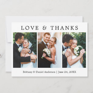Modern Simple Love and Thanks 3 Photo Wedding Thank You Card
